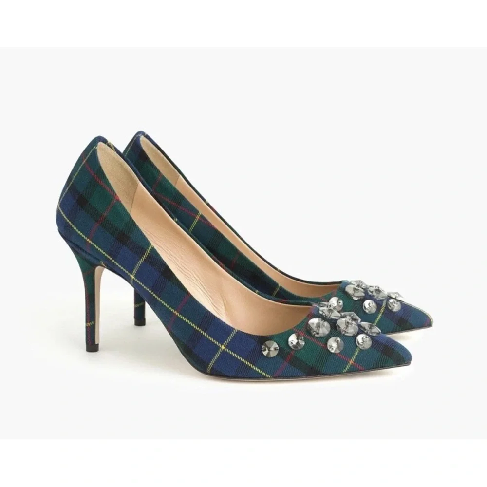 j.Crew Women's Blue Elsie Embellished Plaid Pumps sz 8 tartan Green NWOB